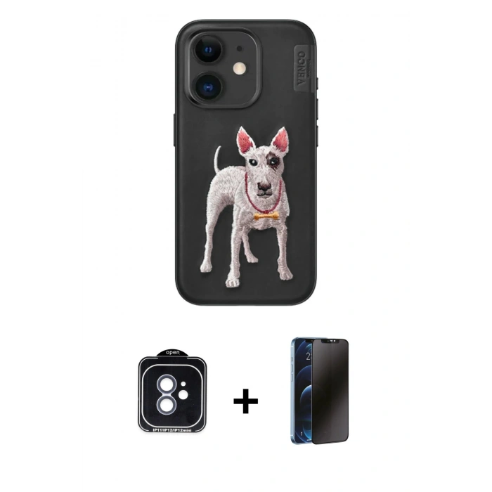 MARSİLYAN™- iPhone 11 Kılıf Nova Form Koleksiyonu - Siyah 3D Antistatik Hayalet Cam Ekran Koruyucu + PVD Metal Kamera Lens - MI