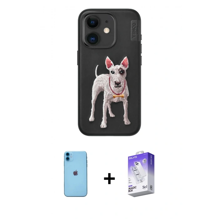 MARSİLYAN™- iPhone 11 Kılıf Nova Form Koleksiyonu - Siyah Bilvis 5in1 3D Magic Cam Ekran Koruyucu + Mavi Neon Fosforlu Kamera Lens