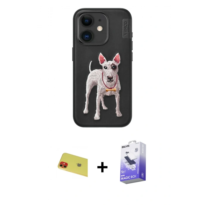 MARSİLYAN™- iPhone 11 Kılıf Nova Form Koleksiyonu - Siyah Bilvis 5in1 5D Magic Hayalet Cam Ekran Koruyucu + Rainbow Kamera Lens Koruma Cam - KI