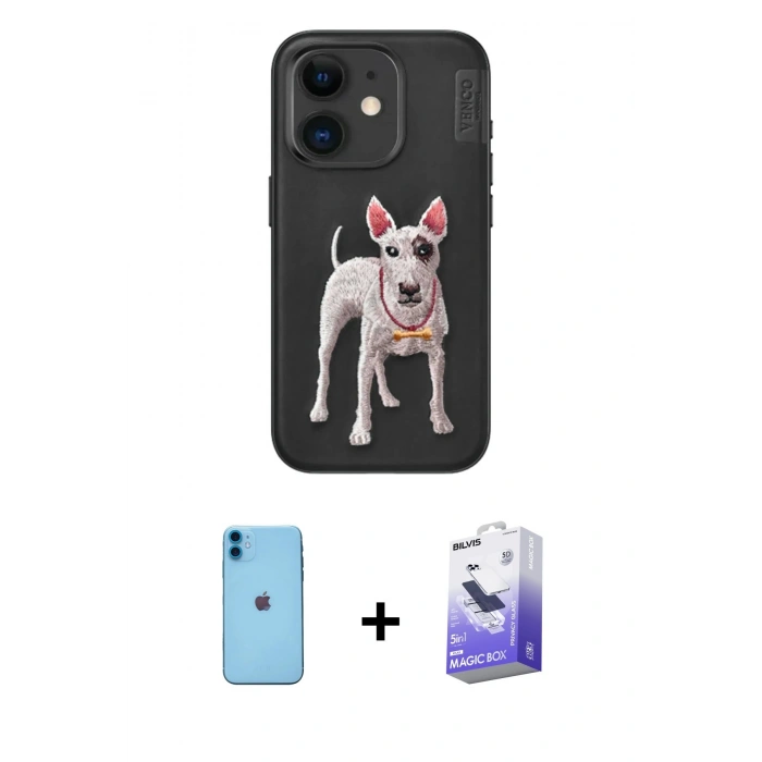 MARSİLYAN™- iPhone 11 Kılıf Nova Form Koleksiyonu - Siyah Bilvis 5in1 5D Magic Hayalet Cam Ekran Koruyucu + Neon Fosforlu Kamera Lens - MI
