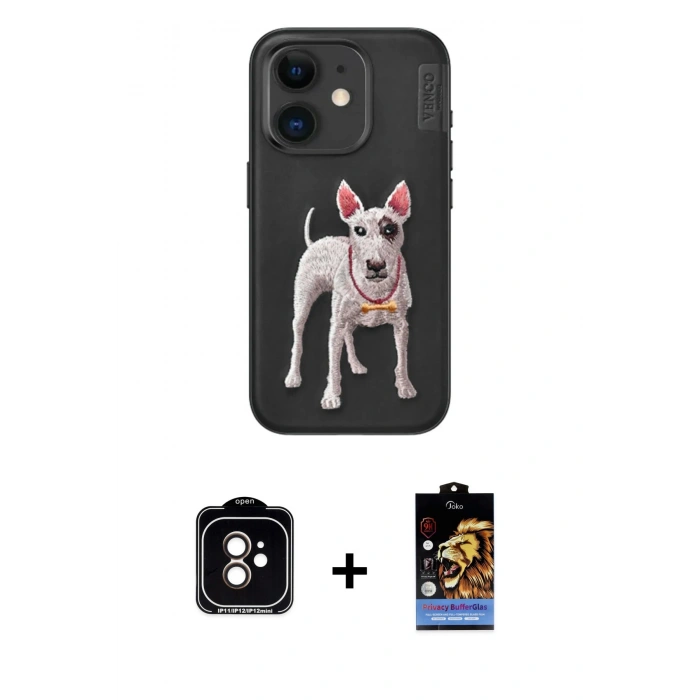 MARSİLYAN™- iPhone 11 Kılıf Nova Form Koleksiyonu - Siyah Buffer Hayalet Cam Ekran Koruyucu + Turuncu PVD Metal Kamera Lens