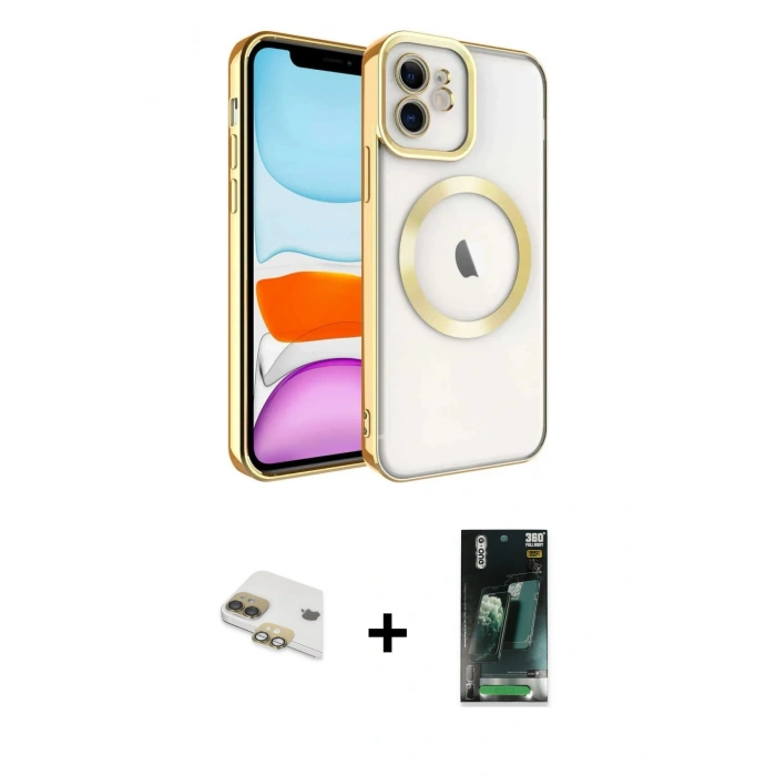 MARSİLYAN™- iPhone 11 Kılıf Nova Işık Özel Seri - Şeffaf 360 Full Body Arka Koruyucu + Gold Pers Alüminyum Kamera Lens