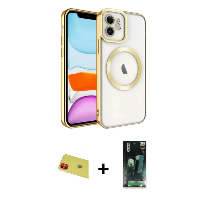 MARSİLYAN™- iPhone 11 Kılıf Nova Işık Özel Seri - Şeffaf 360 Full Body Arka Koruyucu + Rainbow Kamera Lens Koruma Cam - KI