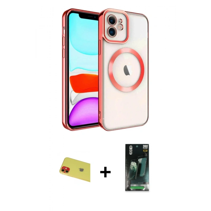 MARSİLYAN™- iPhone 11 Kılıf Nova Işık Özel Seri - Şeffaf 360 Full Body Arka Koruyucu + Rainbow Kamera Lens Koruma Cam - KI