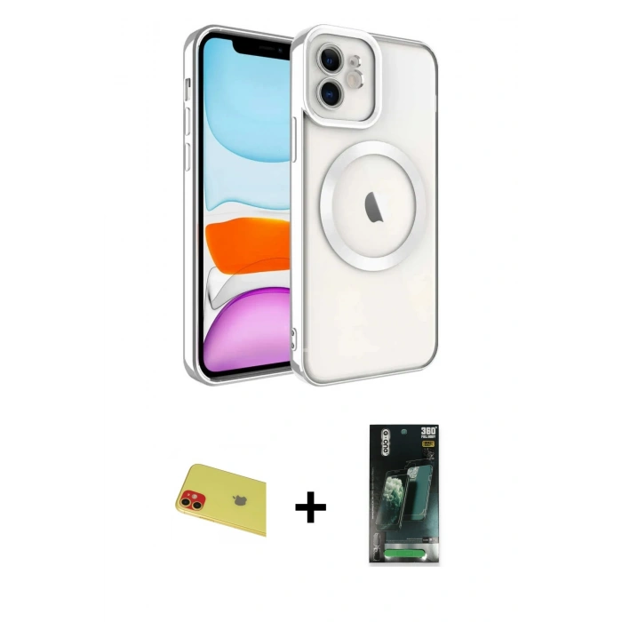 MARSİLYAN™- iPhone 11 Kılıf Nova Işık Özel Seri - Şeffaf 360 Full Body Arka Koruyucu + Rainbow Kamera Lens Koruma Cam - KI