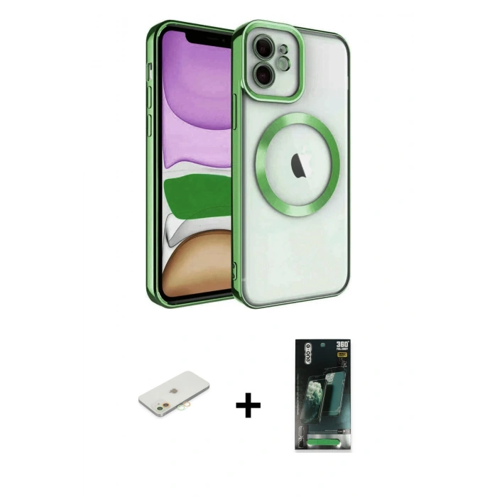 MARSİLYAN™- iPhone 11 Kılıf Nova Işık Özel Seri - Şeffaf 360 Full Body Arka Koruyucu + Renkli Kamera Lens Koruma Cam - TU