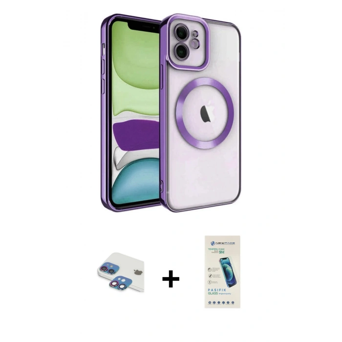 MARSİLYAN™- iPhone 11 Kılıf Nova Işık Özel Seri - Şeffaf Pasifik Cam Ekran Koruyucu + Pers Alüminyum Kamera Lens - GI