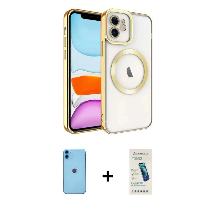 MARSİLYAN™- iPhone 11 Kılıf Nova Işık Özel Seri - Şeffaf Pasifik Cam Ekran Koruyucu + Mavi Neon Fosforlu Kamera Lens