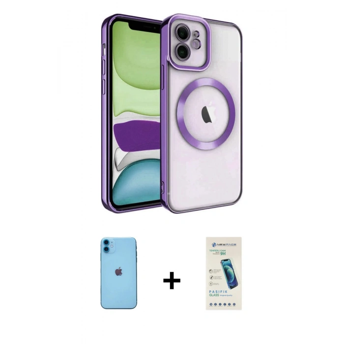 MARSİLYAN™- iPhone 11 Kılıf Nova Işık Özel Seri - Şeffaf Pasifik Cam Ekran Koruyucu + Mavi Neon Fosforlu Kamera Lens