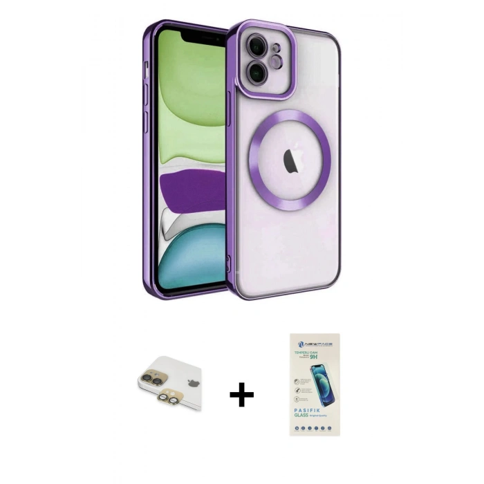 MARSİLYAN™- iPhone 11 Kılıf Nova Işık Özel Seri - Şeffaf Pasifik Cam Ekran Koruyucu + Pers Alüminyum Kamera Lens - GD