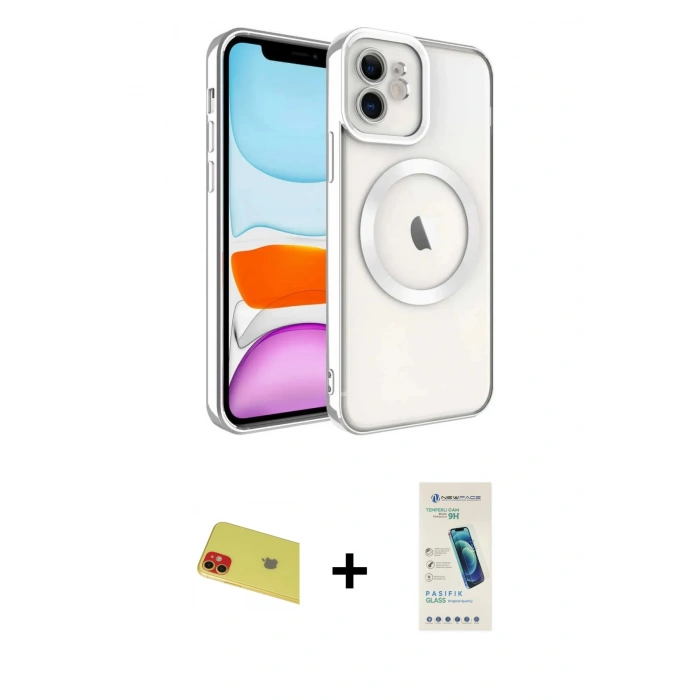 MARSİLYAN™- iPhone 11 Kılıf Nova Işık Özel Seri - Şeffaf Pasifik Cam Ekran Koruyucu + Rainbow Kamera Lens Koruma Cam - KI
