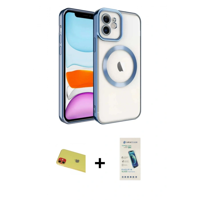 MARSİLYAN™- iPhone 11 Kılıf Nova Işık Özel Seri - Şeffaf Pasifik Cam Ekran Koruyucu + Rainbow Kamera Lens Koruma Cam - KI