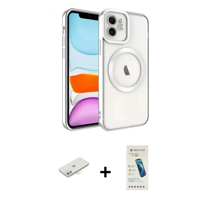 MARSİLYAN™- iPhone 11 Kılıf Nova Işık Özel Seri - Şeffaf Pasifik Cam Ekran Koruyucu + Renkli Kamera Lens Koruma Cam - SI