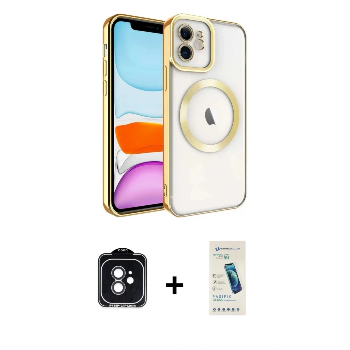 MARSİLYAN™- iPhone 11 Kılıf Nova Işık Özel Seri - Şeffaf Pasifik Cam Ekran Koruyucu + PVD Metal Kamera Lens - SH