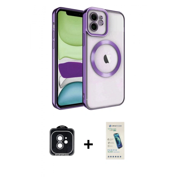 MARSİLYAN™- iPhone 11 Kılıf Nova Işık Özel Seri - Şeffaf Pasifik Cam Ekran Koruyucu + PVD Metal Kamera Lens - SH