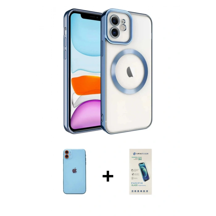 MARSİLYAN™- iPhone 11 Kılıf Nova Işık Özel Seri - Şeffaf Pasifik Cam Ekran Koruyucu + Neon Fosforlu Kamera Lens - TU