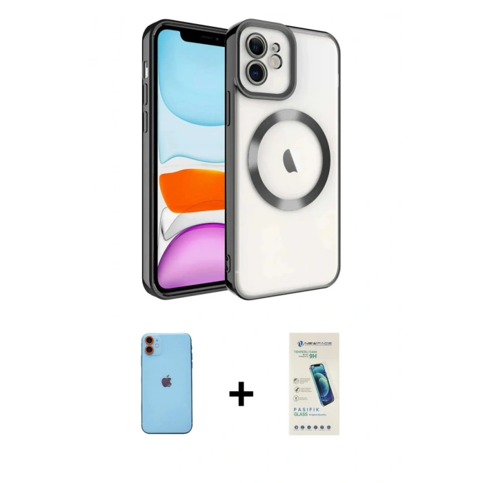 MARSİLYAN™- iPhone 11 Kılıf Nova Işık Özel Seri - Şeffaf Pasifik Cam Ekran Koruyucu + Neon Fosforlu Kamera Lens - TU