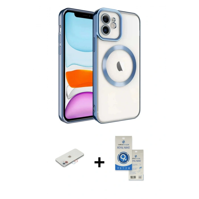 MARSİLYAN™- iPhone 11 Kılıf Nova Işık Özel Seri - Şeffaf Royal Nano Ekran Koruyucu + Renkli Kamera Lens Koruma Cam - PE