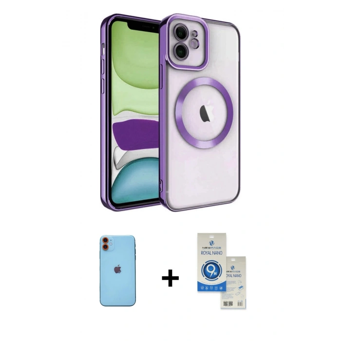 MARSİLYAN™- iPhone 11 Kılıf Nova Işık Özel Seri - Şeffaf Royal Nano Ekran Koruyucu + Neon Fosforlu Kamera Lens - TU