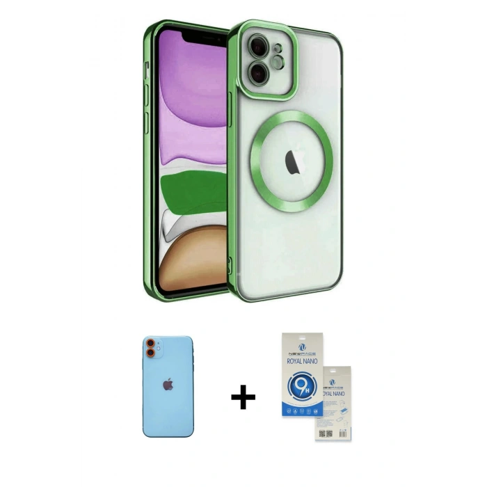 MARSİLYAN™- iPhone 11 Kılıf Nova Işık Özel Seri - Şeffaf Royal Nano Ekran Koruyucu + Neon Fosforlu Kamera Lens - TU