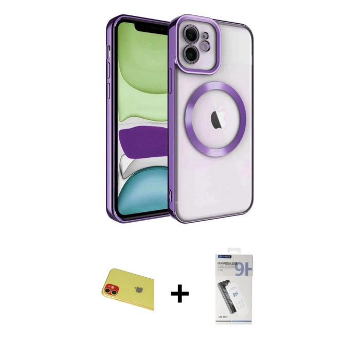 MARSİLYAN™- iPhone 11 Kılıf Nova Işık Özel Seri - Şeffaf Uv Polymer Nano Ekran Koruyucu + Rainbow Kamera Lens Koruma Cam - KI