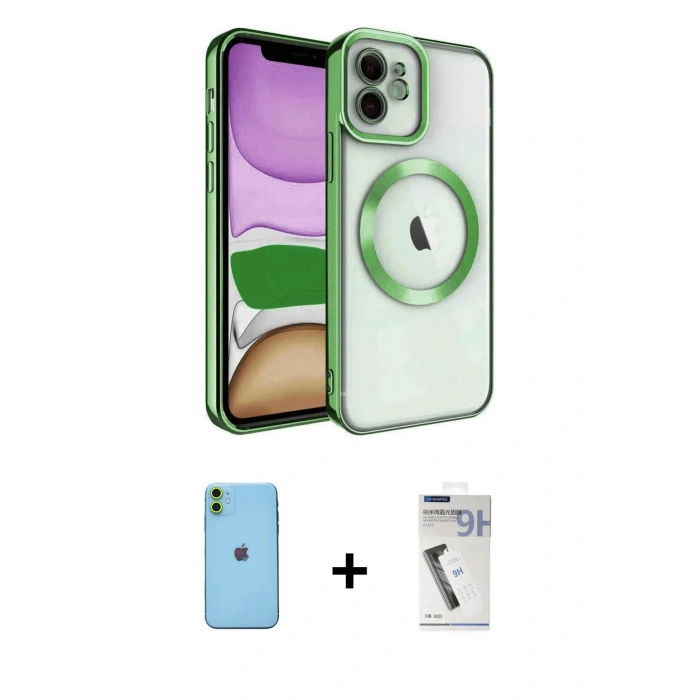 MARSİLYAN™- iPhone 11 Kılıf Nova Işık Özel Seri - Şeffaf Uv Polymer Nano Ekran Koruyucu + Yeşil Neon Fosforlu Kamera Lens