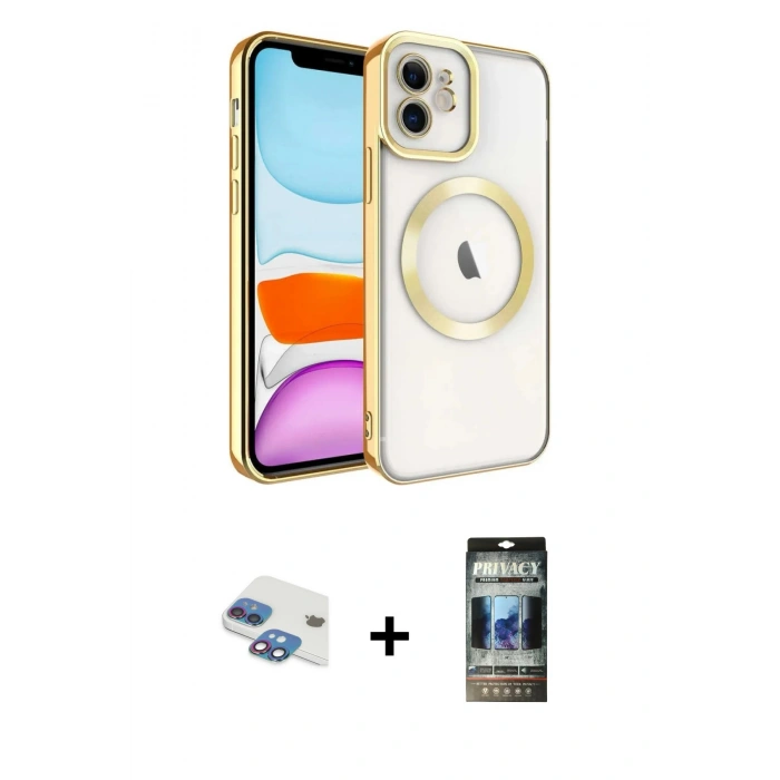 MARSİLYAN™- iPhone 11 Kılıf Nova Işık Özel Seri - Siyah 34D Hayalet Izgaralı Cam + Gökkuşağı Pers Alüminyum Kamera Lens