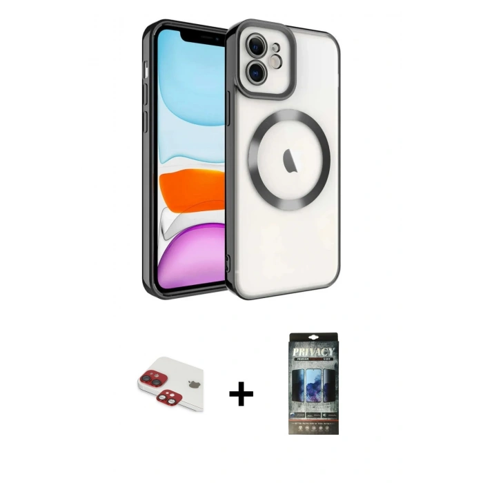 MARSİLYAN™- iPhone 11 Kılıf Nova Işık Özel Seri - Siyah 34D Hayalet Izgaralı Cam + Kırmızı Pers Alüminyum Kamera Lens