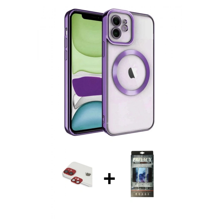 MARSİLYAN™- iPhone 11 Kılıf Nova Işık Özel Seri - Siyah 34D Hayalet Izgaralı Cam + Kırmızı Pers Alüminyum Kamera Lens