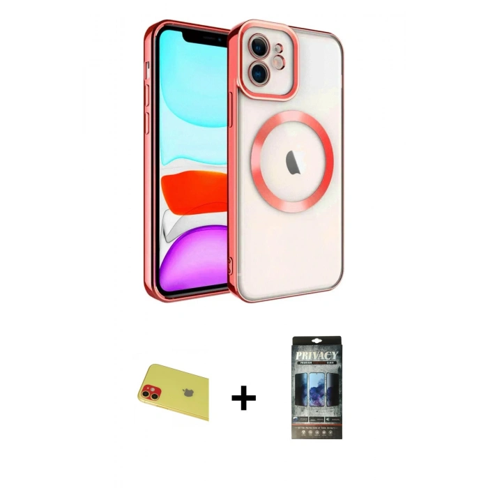 MARSİLYAN™- iPhone 11 Kılıf Nova Işık Özel Seri - Siyah 34D Hayalet Izgaralı Cam + Rainbow Kamera Lens Koruma Cam - KI