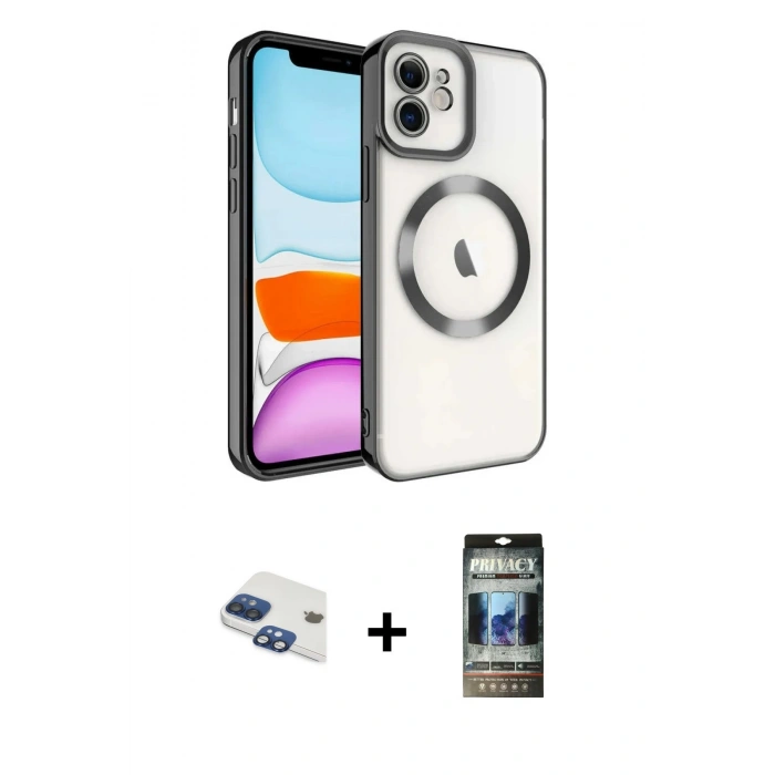 MARSİLYAN™- iPhone 11 Kılıf Nova Işık Özel Seri - Siyah 34D Hayalet Izgaralı Cam + Pers Alüminyum Kamera Lens - LT