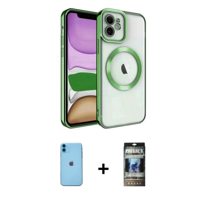 MARSİLYAN™- iPhone 11 Kılıf Nova Işık Özel Seri - Siyah 34D Hayalet Izgaralı Cam + Neon Fosforlu Kamera Lens - MI