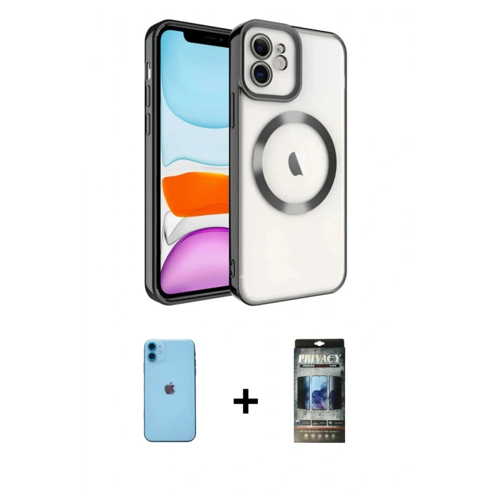 MARSİLYAN™- iPhone 11 Kılıf Nova Işık Özel Seri - Siyah 34D Hayalet Izgaralı Cam + Neon Fosforlu Kamera Lens - MI
