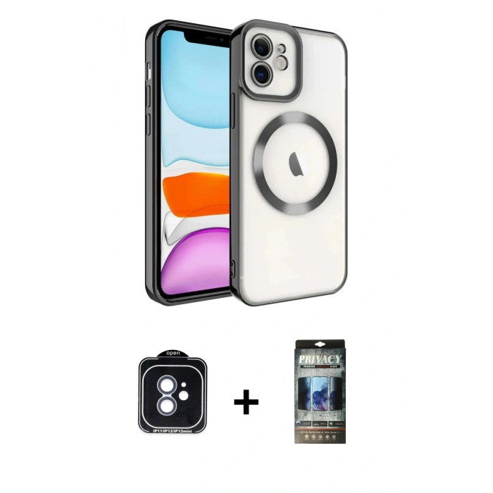 MARSİLYAN™- iPhone 11 Kılıf Nova Işık Özel Seri - Siyah 34D Hayalet Izgaralı Cam + PVD Metal Kamera Lens - MI