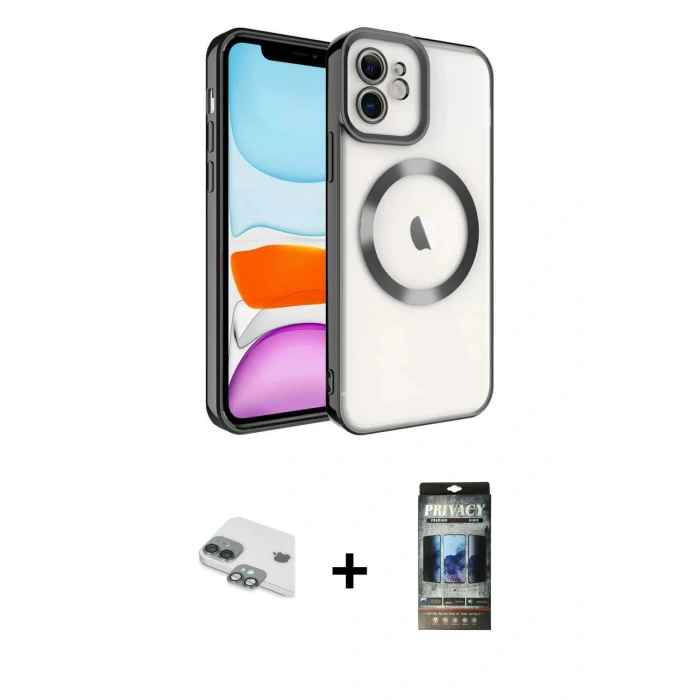 MARSİLYAN™- iPhone 11 Kılıf Nova Işık Özel Seri - Siyah 34D Hayalet Izgaralı Cam + Pers Alüminyum Kamera Lens - YL