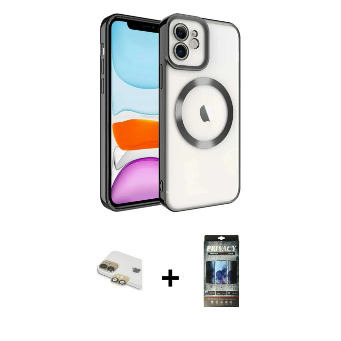 MARSİLYAN™- iPhone 11 Kılıf Nova Işık Özel Seri - Siyah 34D Hayalet Izgaralı Cam + Pers Alüminyum Kamera Lens - GD