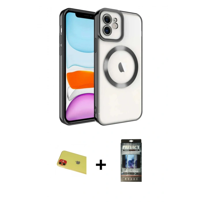 MARSİLYAN™- iPhone 11 Kılıf Nova Işık Özel Seri - Siyah 34D Hayalet Izgaralı Cam + Rainbow Kamera Lens Koruma Cam - KI