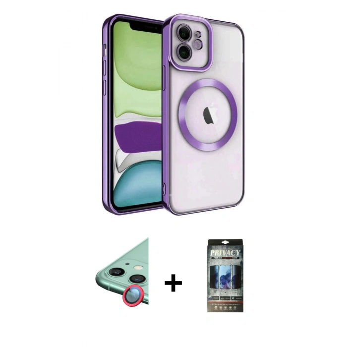 MARSİLYAN™- iPhone 11 Kılıf Nova Işık Özel Seri - Siyah 34D Hayalet Izgaralı Cam + Raze Metal Kamera Lens - KI