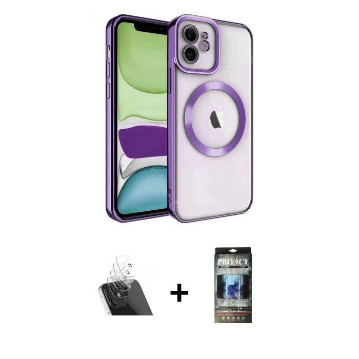 MARSİLYAN™- iPhone 11 Kılıf Nova Işık Özel Seri - Siyah 34D Hayalet Izgaralı Cam + Kamera Lens Koruma Cam - SF