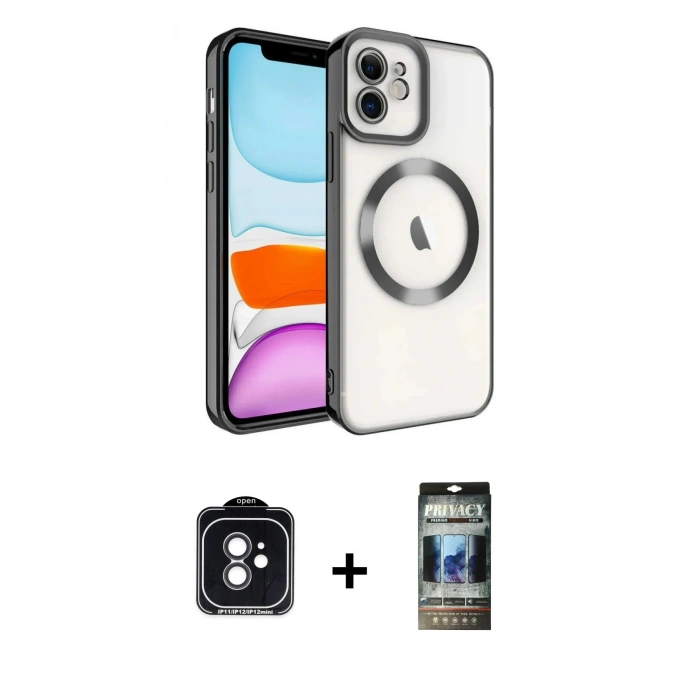 MARSİLYAN™- iPhone 11 Kılıf Nova Işık Özel Seri - Siyah 34D Hayalet Izgaralı Cam + PVD Metal Kamera Lens - SH