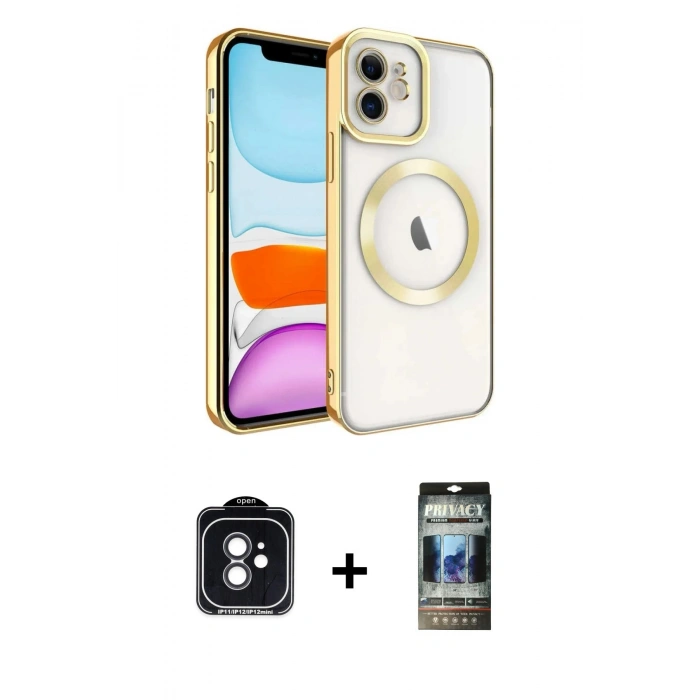 MARSİLYAN™- iPhone 11 Kılıf Nova Işık Özel Seri - Siyah 34D Hayalet Izgaralı Cam + PVD Metal Kamera Lens - SH
