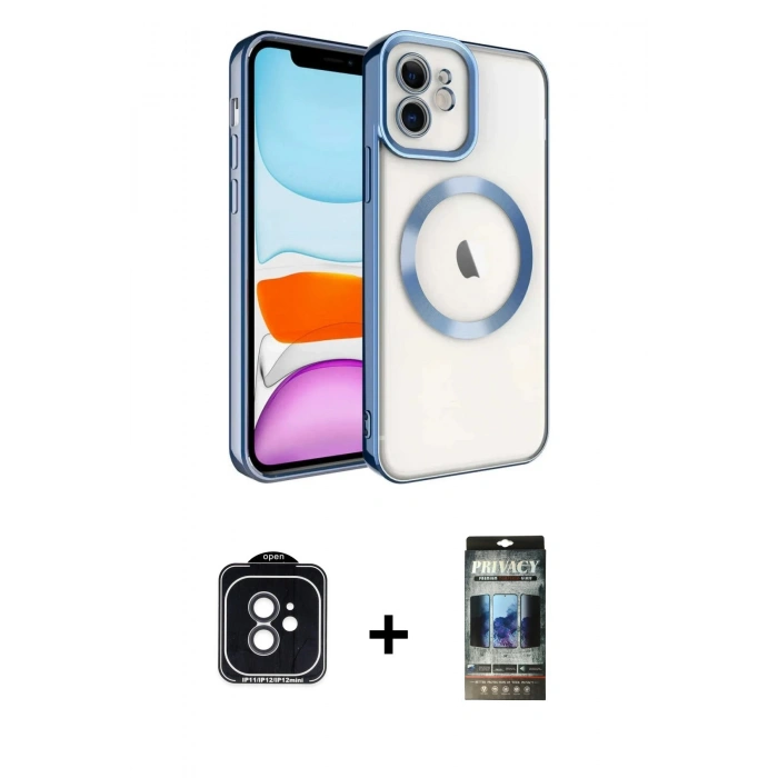 MARSİLYAN™- iPhone 11 Kılıf Nova Işık Özel Seri - Siyah 34D Hayalet Izgaralı Cam + PVD Metal Kamera Lens - SH