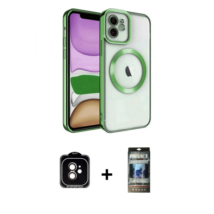 MARSİLYAN™- iPhone 11 Kılıf Nova Işık Özel Seri - Siyah 34D Hayalet Izgaralı Cam + Turuncu PVD Metal Kamera Lens