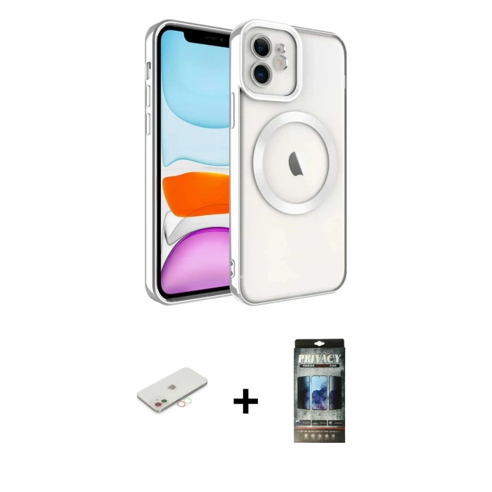 MARSİLYAN™- iPhone 11 Kılıf Nova Işık Özel Seri - Siyah 34D Hayalet Izgaralı Cam + Renkli Kamera Lens Koruma Cam - YL