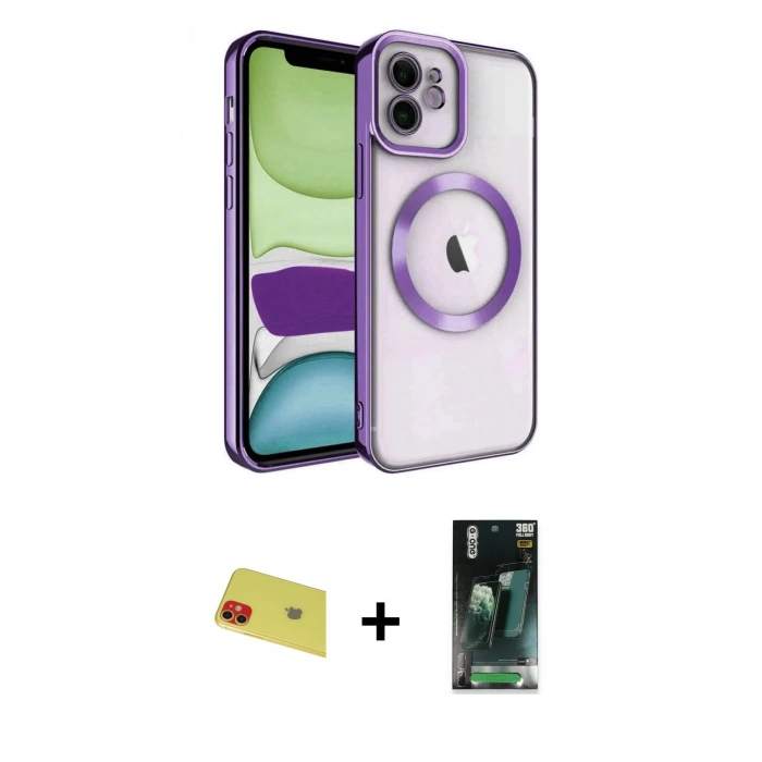 MARSİLYAN™- iPhone 11 Kılıf Nova Işık Özel Seri - Siyah 360 Mat Full Body Arka Koruyucu + Rainbow Kamera Lens Koruma Cam - KI