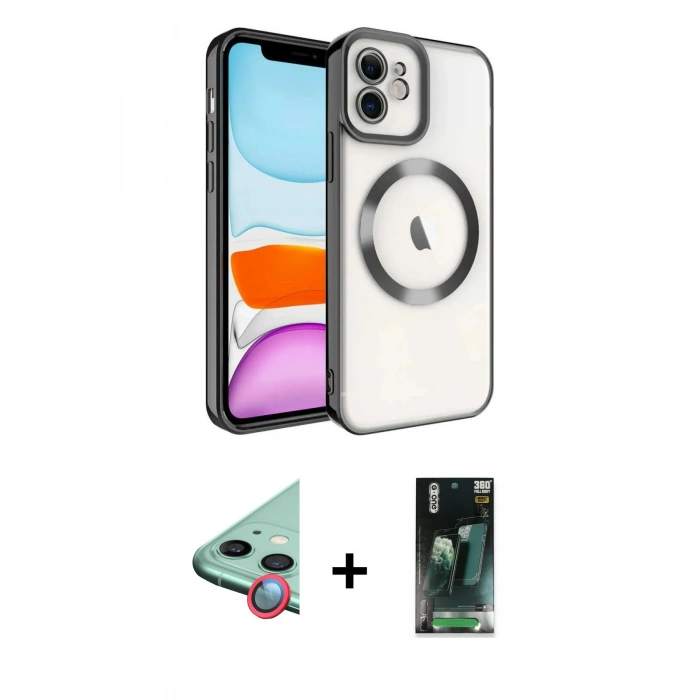MARSİLYAN™- iPhone 11 Kılıf Nova Işık Özel Seri - Siyah 360 Mat Full Body Arka Koruyucu + Raze Metal Kamera Lens - KI