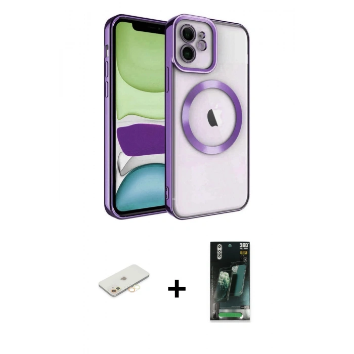 MARSİLYAN™- iPhone 11 Kılıf Nova Işık Özel Seri - Siyah 360 Mat Full Body Arka Koruyucu + Renkli Kamera Lens Koruma Cam - SI