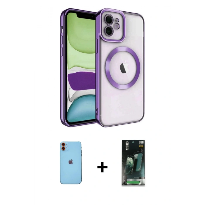 MARSİLYAN™- iPhone 11 Kılıf Nova Işık Özel Seri - Siyah 360 Mat Full Body Arka Koruyucu + Neon Fosforlu Kamera Lens - TU