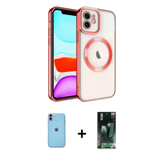 MARSİLYAN™- iPhone 11 Kılıf Nova Işık Özel Seri - Siyah 360 Mat Full Body Arka Koruyucu + Neon Fosforlu Kamera Lens - TU