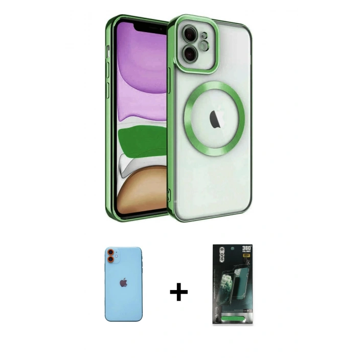 MARSİLYAN™- iPhone 11 Kılıf Nova Işık Özel Seri - Siyah 360 Mat Full Body Arka Koruyucu + Neon Fosforlu Kamera Lens - TU